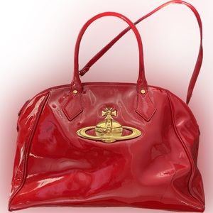 VIVIENNE WESTWOOD • RARE PATENT LEATHER CHERRY RED LARGE ZIP TOTE BAG